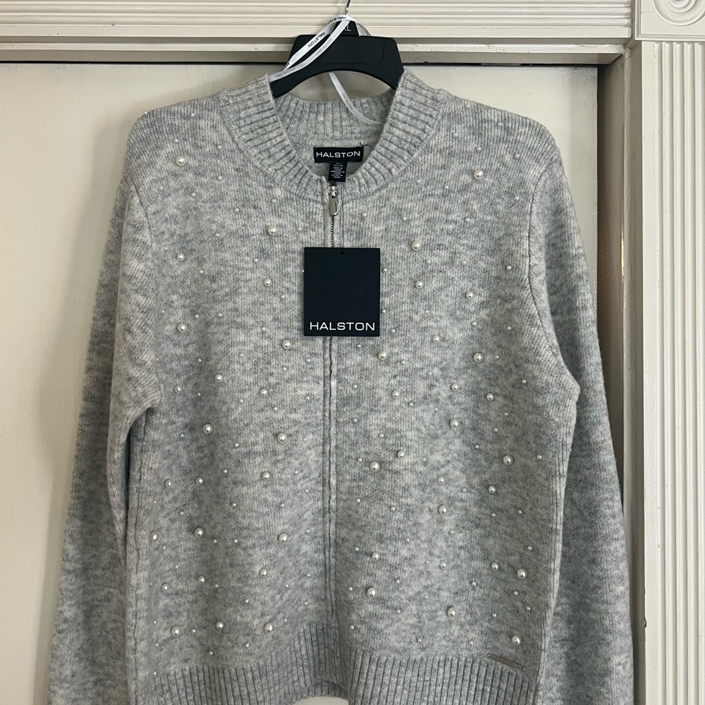 Halston Heritage Light Gray Pearl-Embellished Sweater